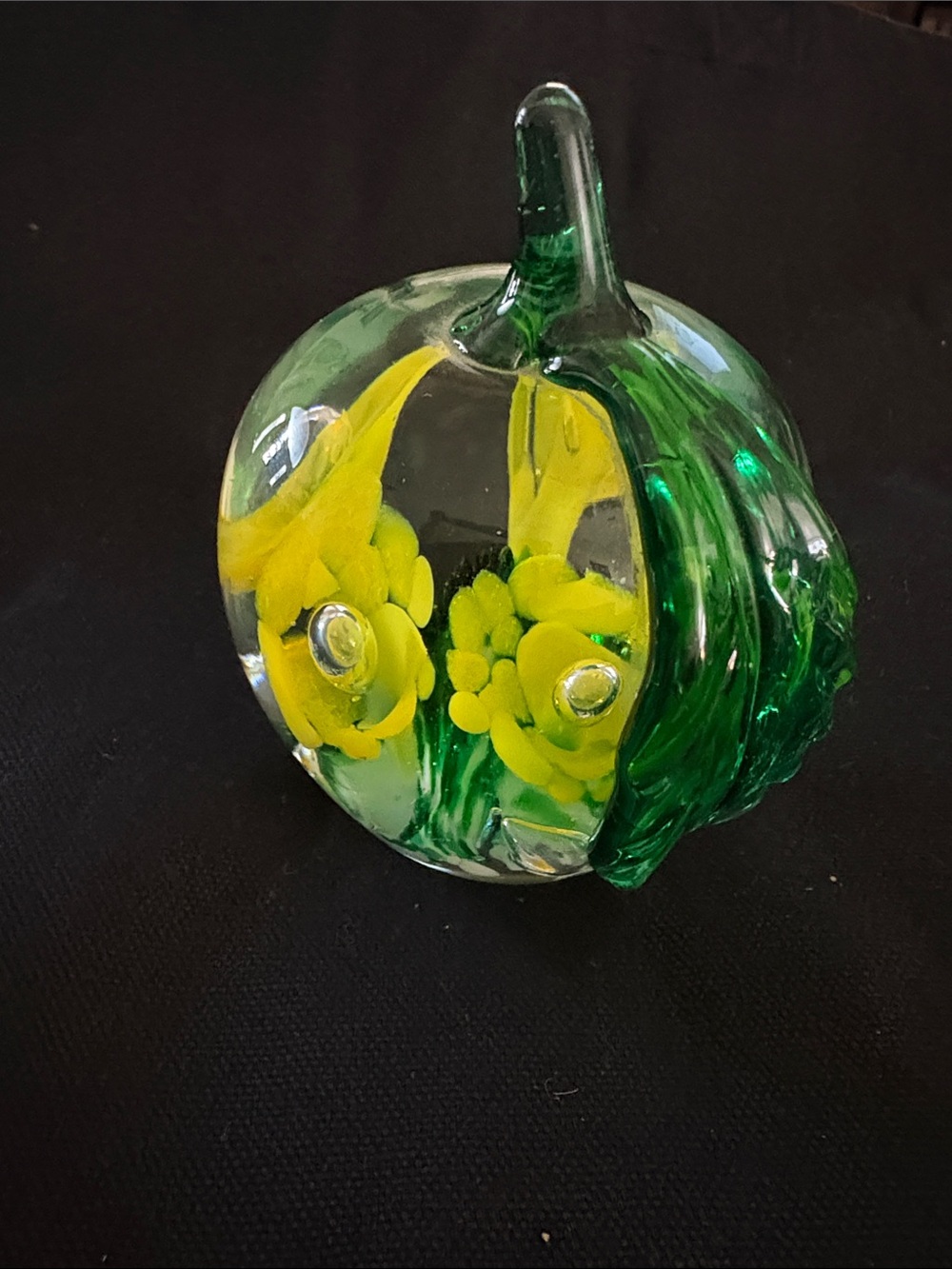 Vintage Gibson 1990-Hand Blown Glass Floral Paperweight - Yellow & Green